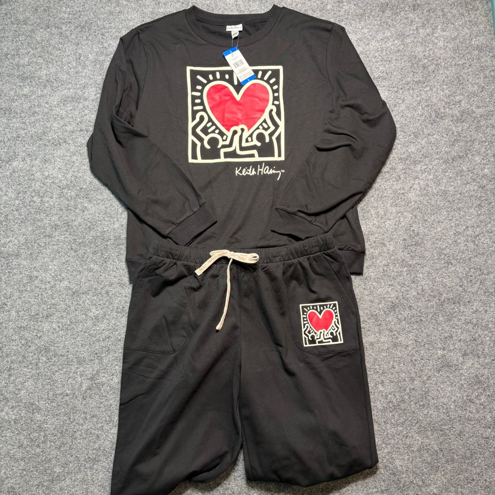 KEITH HARING Black Heart Graphic Sweatshirt & Joggers Matching Lounge Set Large